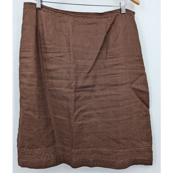 Richard Malcolm Irish Linen Brown Skirt Size 14 Embroidered Hem Boho Casual - Picture 1 of 4